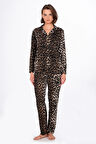 Kadın Süet Önden Düğmeli Pijama Takımı | Leopar