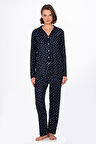 Kadın Süet Önden Düğmeli Pijama Takımı | Kalpli Lacivert