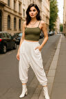Kadın Dökümlü Yan Cepli Beyaz Şalvar Pantolon