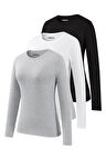 Kadın 3'lü Basic Uzun Kollu Tişört Sporcu Body T-shirt Ekonomik Paket