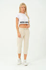 Kadın Capri Beli Lastikli Rahat Kesim Günlük Düz Ekru Kapri Pantolon