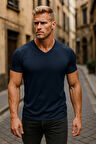 Erkek %100 Pamuk Kısa Kollu Lacivert T-shirt V Yaka Basic Erkek Tişört