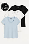Kadın %100 Pamuk 3'lü Paket Kısa Kollu Yuvarlak Yaka Tişört