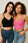 Kadın 2'li Paket Siyah Pembe Kısa Crop İp Askılı V Yaka Krop Bluz Büstiyer