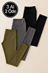 Kadın 3'lü Paket Tayt Uzun Siyah - Haki - Gri Yüksek Bel Toparlayıcı Esnek Günlük Ve Spor Uzun Tayt