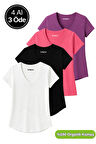 Kadın 4'lü Paket Siyah-Beyaz-Mor-Pembe %100 Organik Pamuk Tişört V Yaka T-Shirt