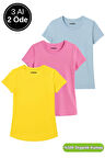 Kadın 3'lü Paket Sarı-Pembe-Mavi %100 Organik Pamuk Normal Kesim Tişört Bisiklet Yaka T-Shirt