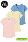 Kadın 3'lü Paket Mavi-Sarı-Pudra %100 Organik Pamuk Normal Kesim Tişört V Yaka T-Shirt