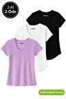 Kadın 3'lü Paket Siyah-Beyaz-Lila %100 Organik Pamuk Normal Kesim Tişört V Yaka T-Shirt