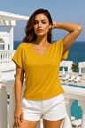 Kadın Hardal Viskon Ön Arka V Yakalı T-shirt Yarasa Kol Relaxed Bluz