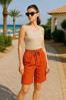 Kadın Yüksek Bel Cepli Bağcıklı Çift Cep Kapaklı Rahat Turuncu Şort - Yazlık Günlük Oversize Şort