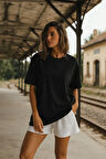 Kadın Siyah %100 Pamuk Oversize Basic Tişört – Rahat Kalıp Relaxed Bisiklet Yaka T-Shirt