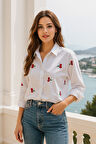 Kadın Kiraz Desenli Beyaz Pamuk  Gömlek