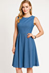 Kadın Mavi Sıfır Kol Yuvarlak Yaka Elbise