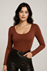 Kadın Bordo U Yaka Uzun Kollu Bluz