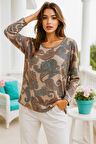 Kadın Açık Kahva Desenli Bisiklet Yaka Uzun Kollu Bluz