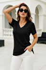 Kadın Siyah Viskon V Yaka Basic Kısa Kollu Tişört