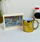 Travel Journal Tasarımlı Ahşap Kumbara Ve Dünya Haritası Gold Kupa Set