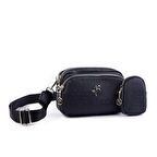 Nas Bag Mini Kadın Çapraz Mini Cüzdanlı At Amblemli Siyah Gofraj (eni :20 cm ; boy 14 cm)