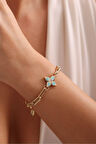 Mavi Turkuaz Mineli Taşlı Yonca Model Tasarım Bileklik