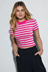 Kadın Çizgili Kısa Kol Bisiklet Yaka Camel Bluz