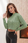 Yarım Balıkçı Yaka Saç Örgülü Kısa Crop Mint Kazak