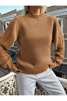 Selanik Örgü Kol Motifli Bisiklet Yaka Camel Triko Kazak