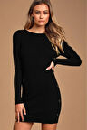 Kadın Geniş Yaka Uzun Kol Yandan Düğme Detaylı Siyah Triko Elbise