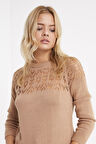 Kadın Dantel Detaylı Camel Kazak