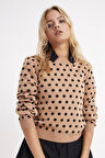 Kadın Bisiklet Yaka Puantiyeli Camel Kazak