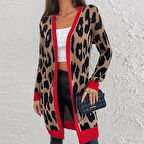 Leopar Desenli Şerit Detaylı Uzun Siyah Kahve Mercan Renkli Hırka