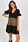 Kadın V Yaka Leopar Desenli Bloklu Elbise Leopar & Siyah