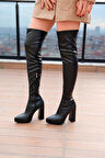 Kadın Siyah Hakiki Deri Streç Diz Üstü Topuklu Çizme