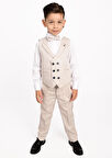 Krem Makas Broş Detaylı Erkek Çocuk Yelekli Smokin Takım