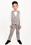 Gri Makas Broş Detaylı Erkek Çocuk Yelekli Smokin Takım