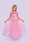 Pembe Uzun Elsa Kasnaklı Kız Çocuk Parti Elbisesi