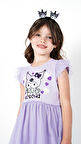 Kuromi Lila Tül Detaylı Kısa Kollu Kız Çocuk Elbisesi