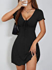 Kadın Kısa Kollu Derin Büzgülü V Yakalı Viskon Elbise