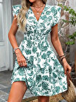 Kadın Kısa Fırfır Kollu Kruvaze Yaka çiçekli Atlas Elbise
