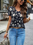Kadın Kısa Kollu V Yakalı çiçek Baskılı Süprem Bluz