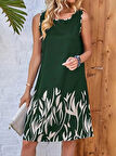 Kadın Askılı Yuvarlak Yakalı Yaprak Desenli Dalgıç Elbise