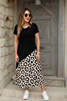 Kadın Kısa Kollu Bisiklet Yaka Leopar Detaylı Midi üst Viskon Alt Süprem Elbise