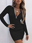 Kadın Uzun Kollu önden Fermuarlı Mini Kaşkorse Elbise