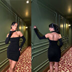 Kadın Madonna Yaka Simli Flower Kumaş Mini Elbise