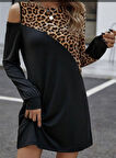 Kadın Uzun Kollu Omuzdan Açık Leopar Desenli Viskon Iki Iplik Mini Elbise