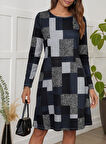 Kadın Uzun Kollu Yuvarlak Yaka Geometrik Süprem Elbise