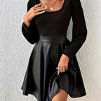 Kadın Uzun Kollu Kare Yaka üst Viskon Alt Deri Mini Elbise