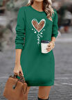 Kadın Uzun Kollu Bisiklet Yaka Kalp Desenli Kısa Viskon Elbise