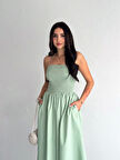 Straplez Pileli Elbise - Su Yeşili
