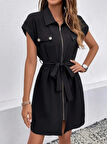 Kadın Kısa Kollu Yakalı önden Fermuarlı Cepli Belden Kuşaklı Kısa Ithal Krep Elbise